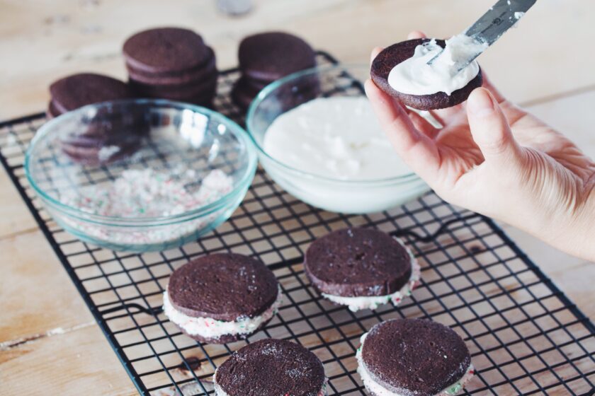 vegan chocolate candy cane sandwich cookies