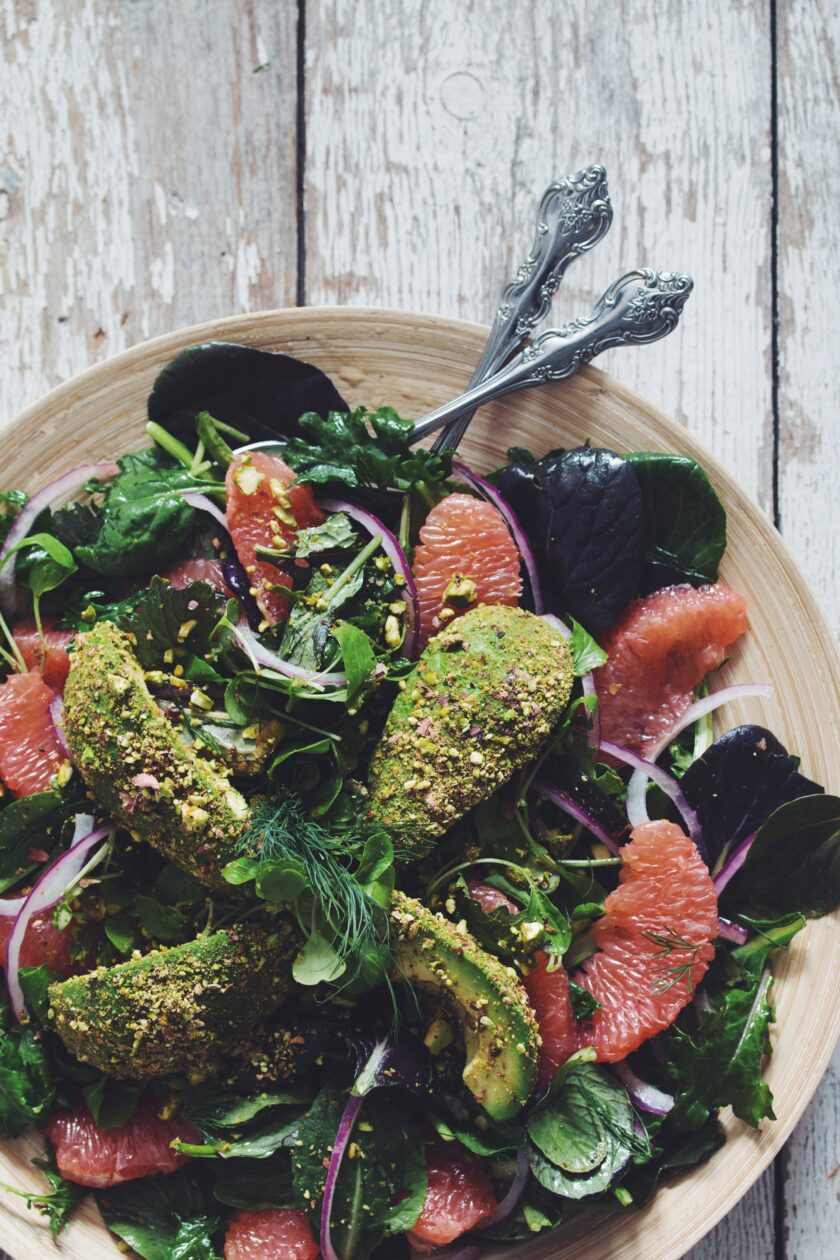 vegan recipe for grapefruit pistachio crusted avocado summer salad hot for food