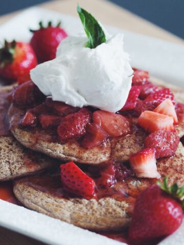 buckwheat pancakes with brandied strawberries & coconut whip_hot for food