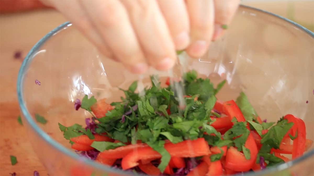 lime juice being squeezed into a bowl with cabbage and red pepper