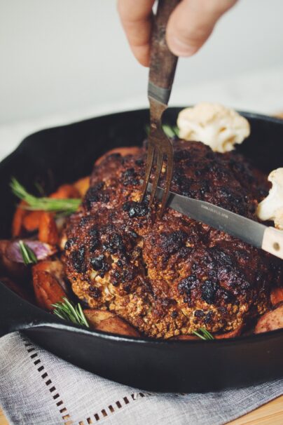 whole roasted cauliflower skillet vegan recipe