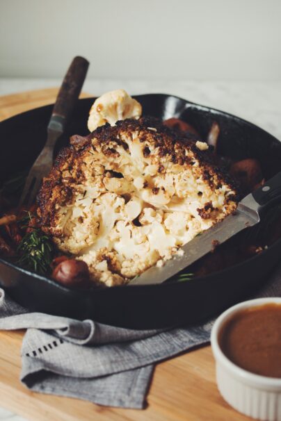 vegan recipe whole roasted cauliflower skillet