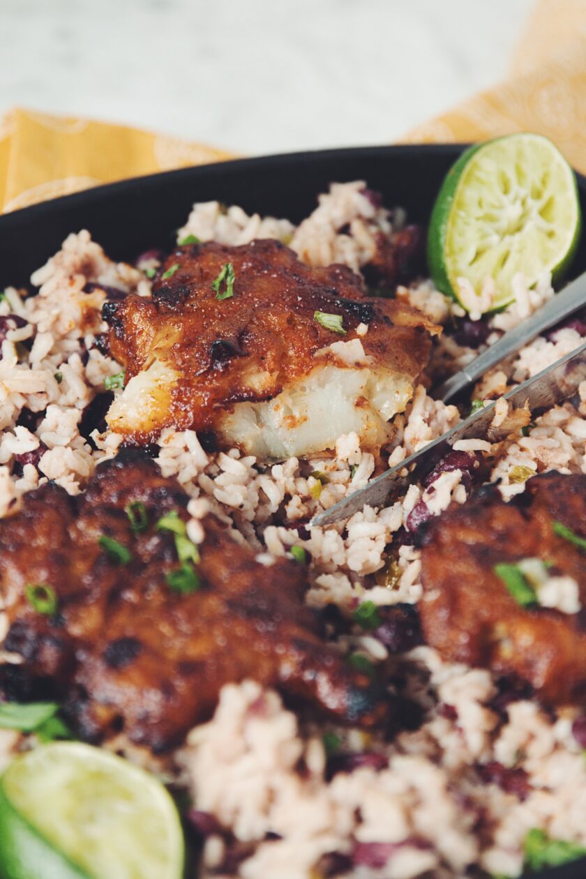 spiced rum jerk sunchokes with rice & beans vegan recipe