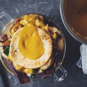 vegan biscuit, bacon & egg breakfast trifle_hot for food