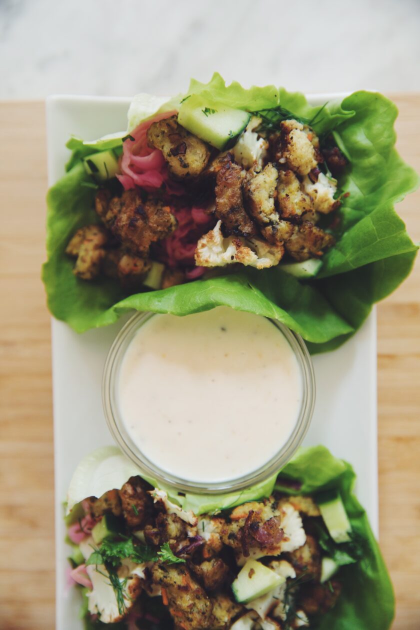 kale & quinoa bite lettuce wraps with lemon aioli