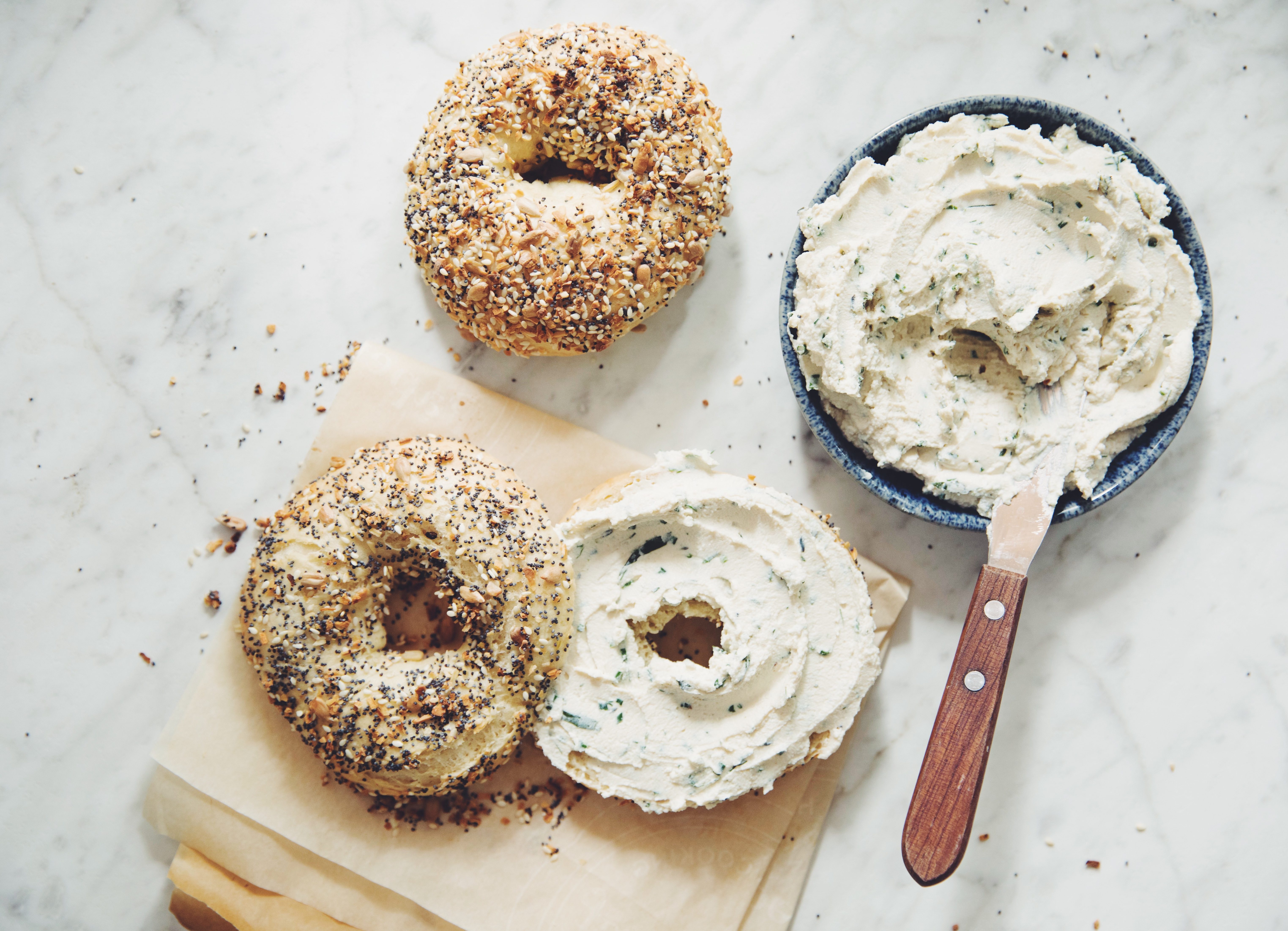 vegan everything bagels and herb & garlic cream cheese