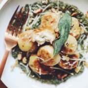 vegan gnudi with walnut sage pestp