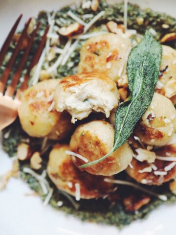 vegan gnudi with walnut sage pestp