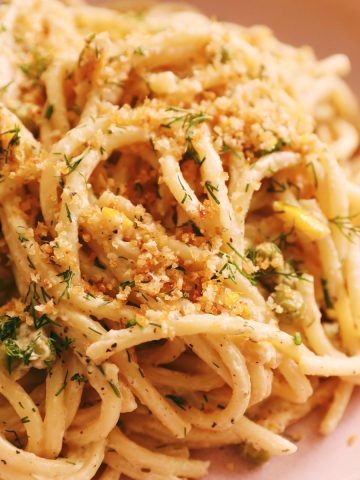 close up of vegan meyer lemon dill pasta