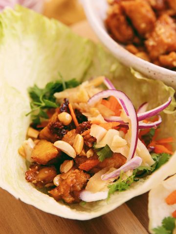 close up of sweet soy tofu lettuce wrap