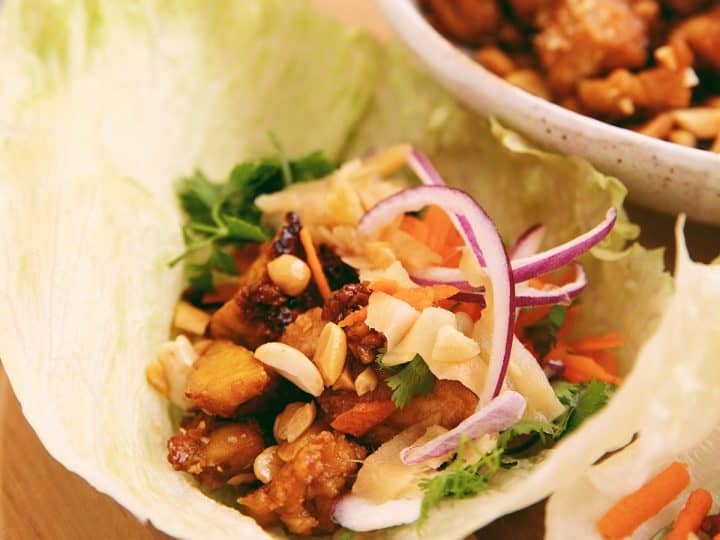close up of sweet soy tofu lettuce wrap