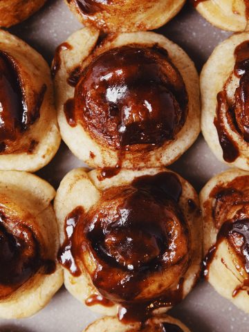 overhead and close up of the tops of miso caramel sticky buns