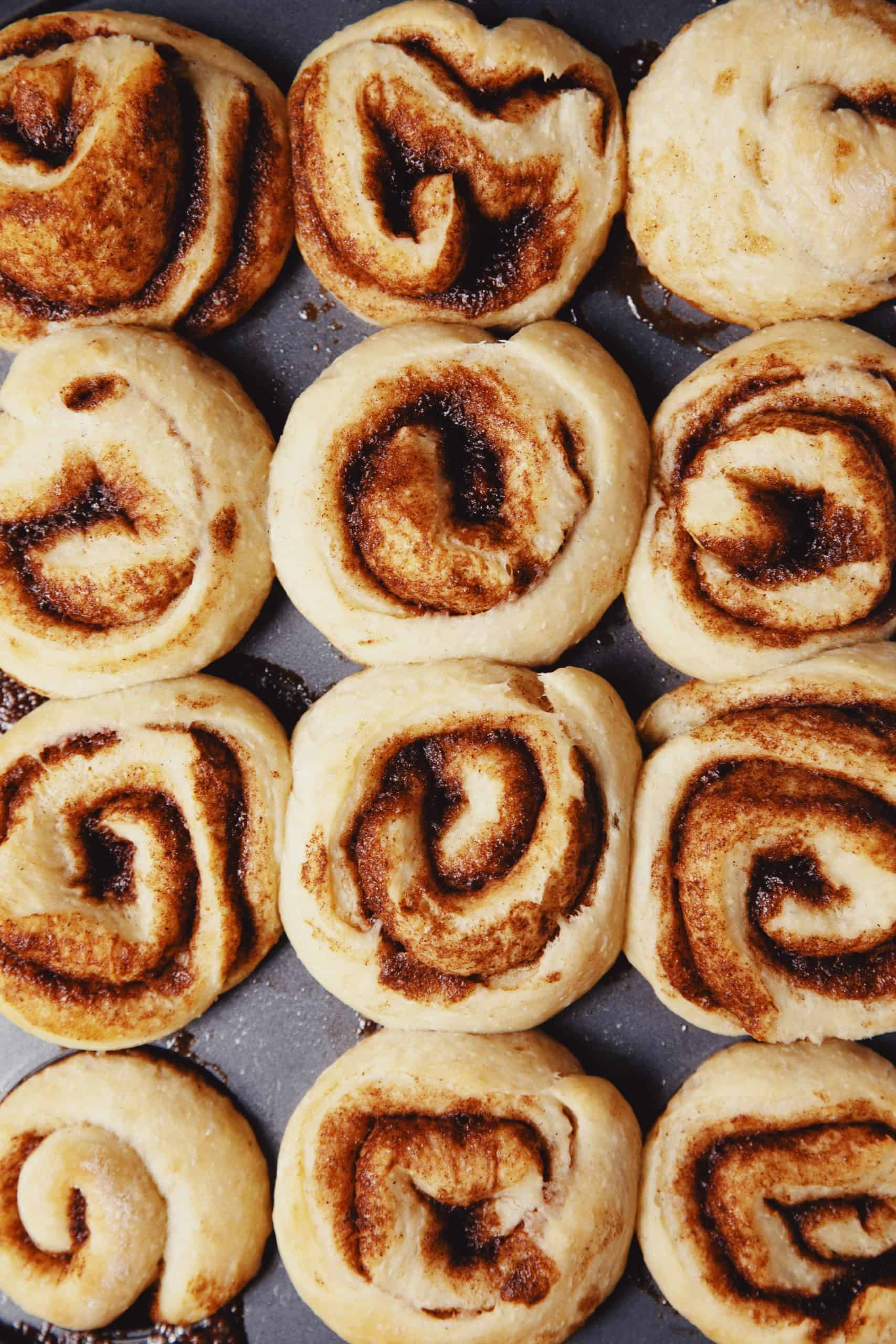 overhead of miso caramel cinnamon rolls right side up