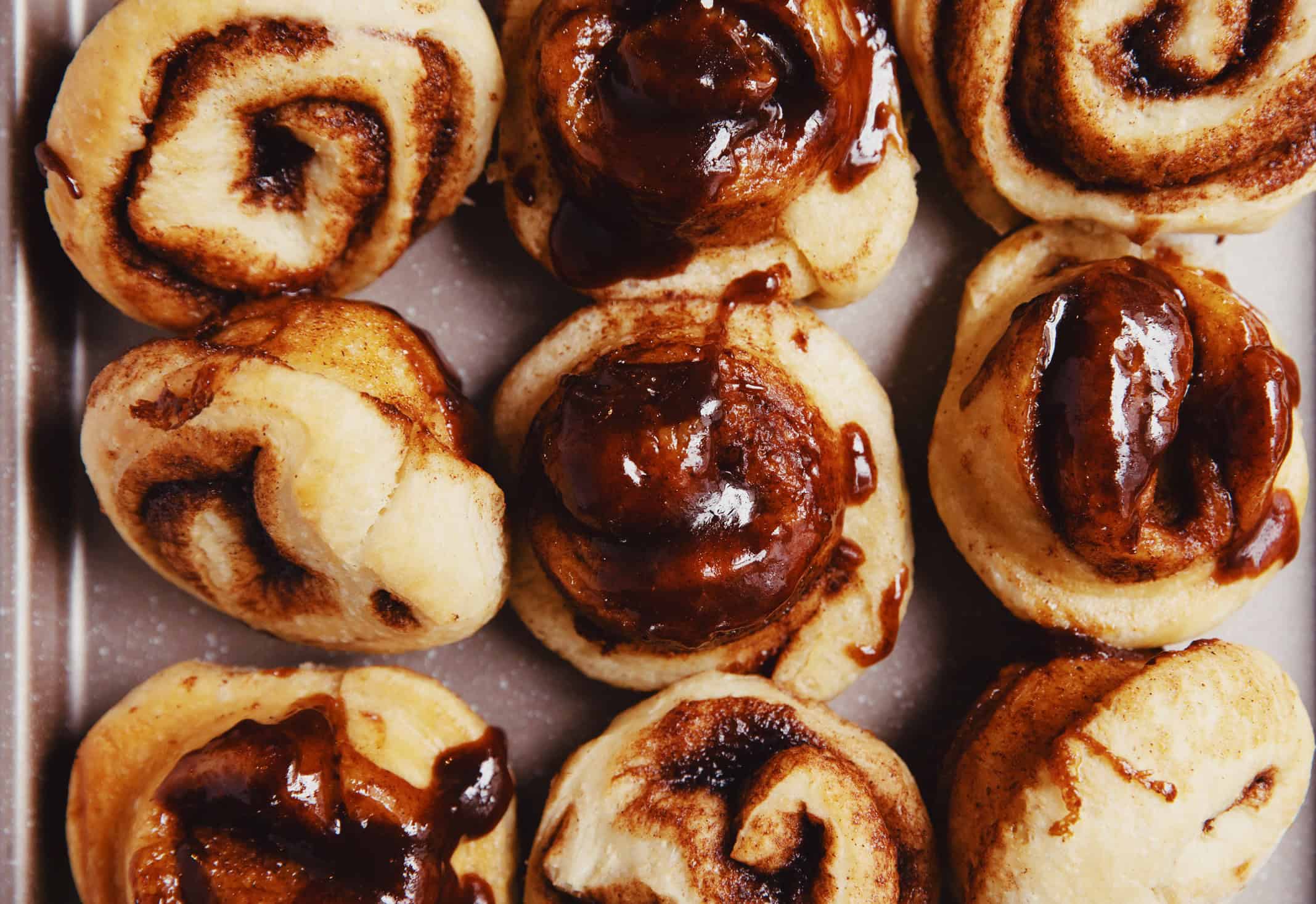 overhead of miso caramel cinnamon rolls